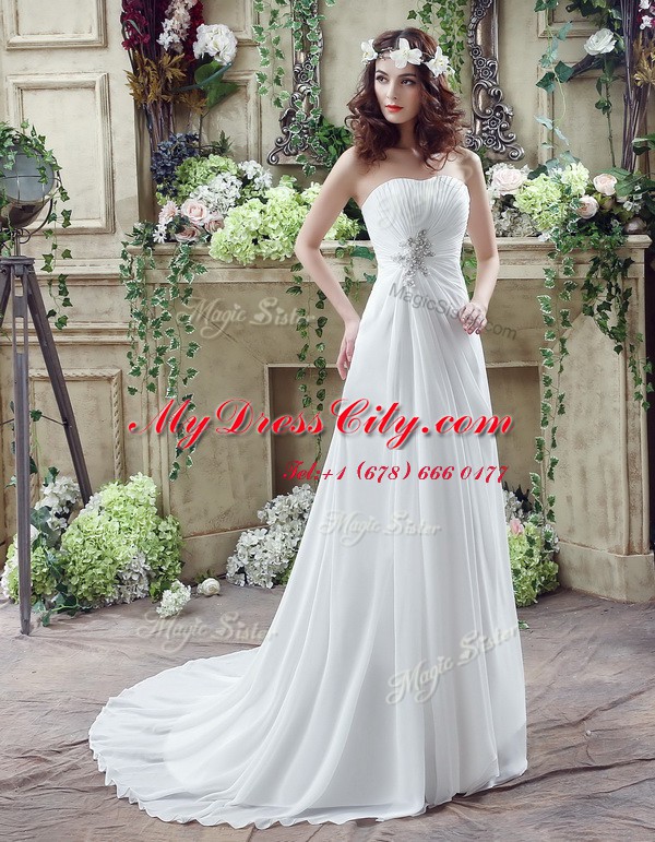 Nice Sleeveless Beading and Appliques and Ruching Lace Up Bridal Gown with White Brush Train