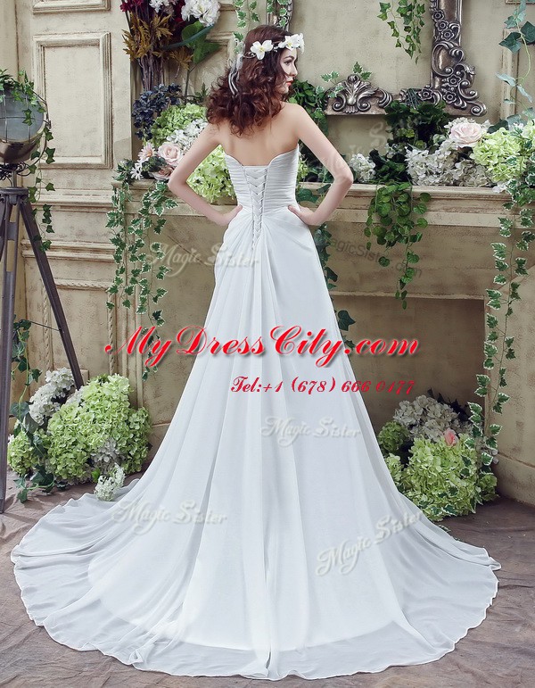 Nice Sleeveless Beading and Appliques and Ruching Lace Up Bridal Gown with White Brush Train