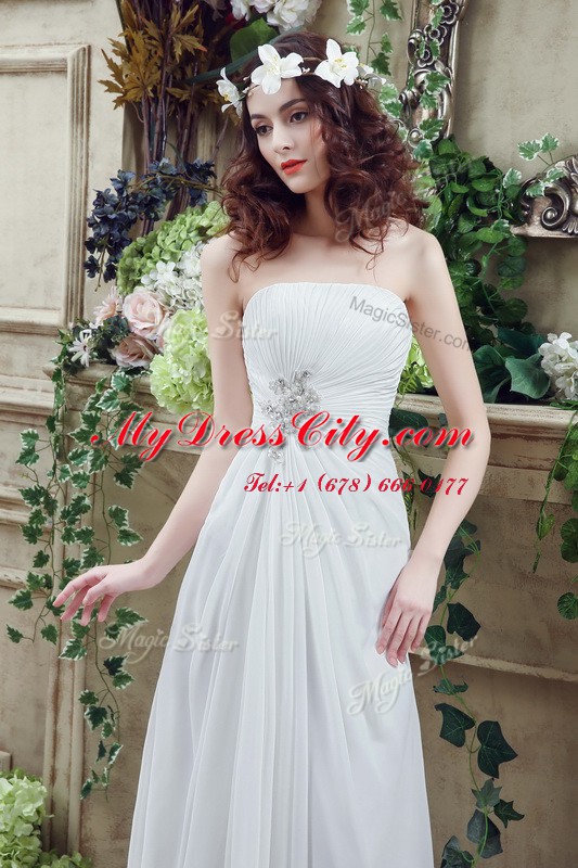 Nice Sleeveless Beading and Appliques and Ruching Lace Up Bridal Gown with White Brush Train