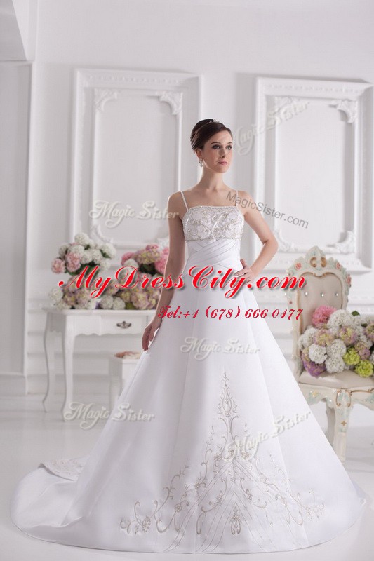 Colorful With Train White Wedding Dress Satin Brush Train Sleeveless Beading and Embroidery