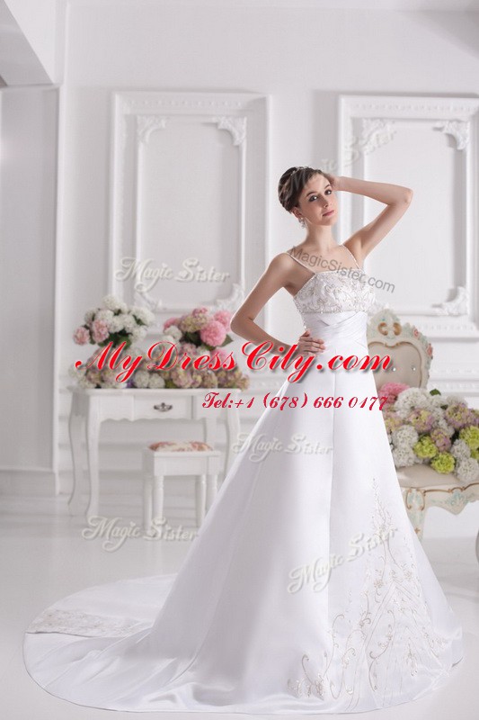 Colorful With Train White Wedding Dress Satin Brush Train Sleeveless Beading and Embroidery