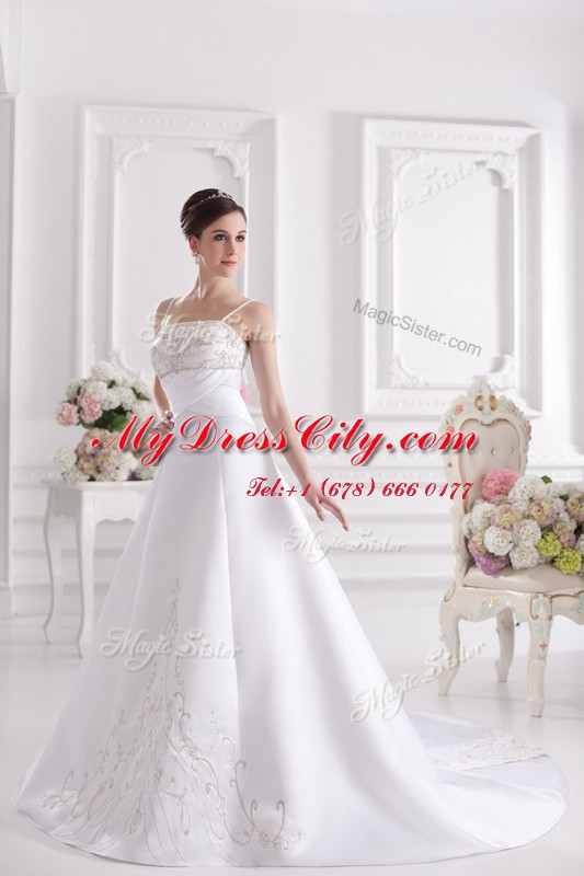 Colorful With Train White Wedding Dress Satin Brush Train Sleeveless Beading and Embroidery