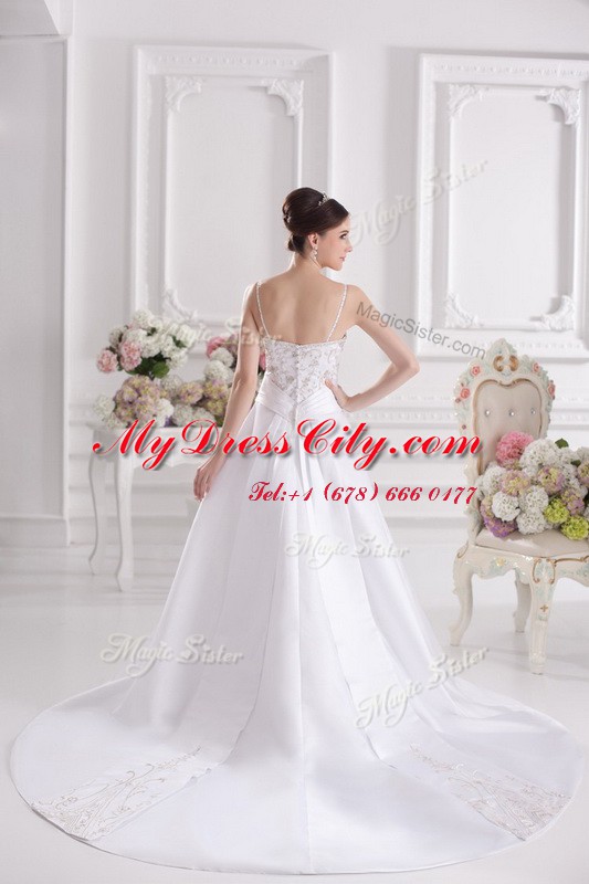 Colorful With Train White Wedding Dress Satin Brush Train Sleeveless Beading and Embroidery