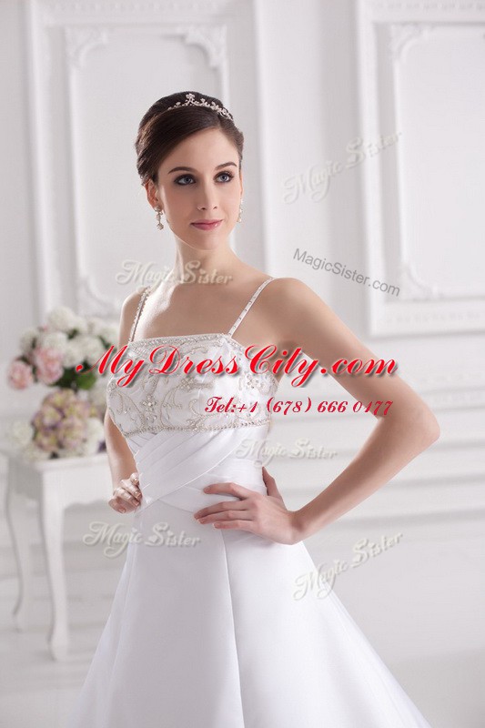 Colorful With Train White Wedding Dress Satin Brush Train Sleeveless Beading and Embroidery