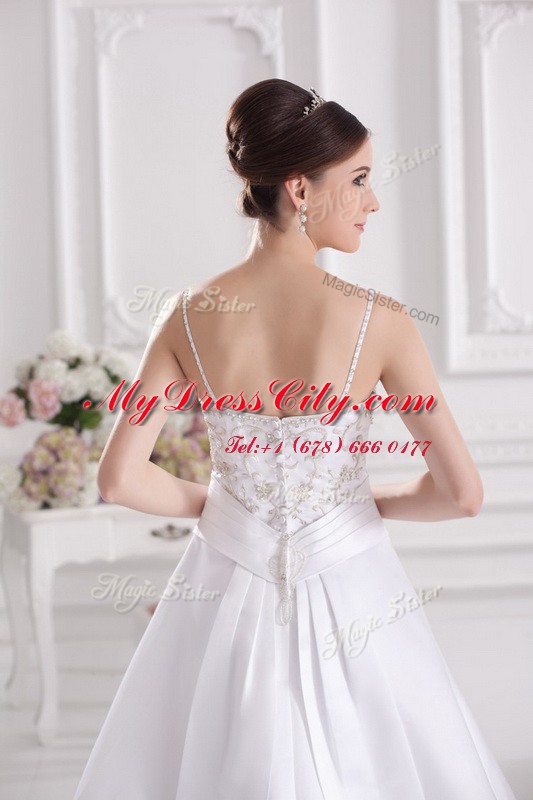 Colorful With Train White Wedding Dress Satin Brush Train Sleeveless Beading and Embroidery