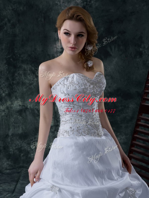 Dynamic With Train Lace Up Wedding Dress White for Wedding Party with Beading and Embroidery Brush Train