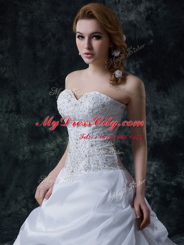 Dynamic With Train Lace Up Wedding Dress White for Wedding Party with Beading and Embroidery Brush Train