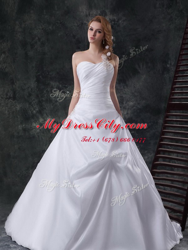 Sweet White Lace Up One Shoulder Beading and Pick Ups Wedding Dress Taffeta Sleeveless Brush Train