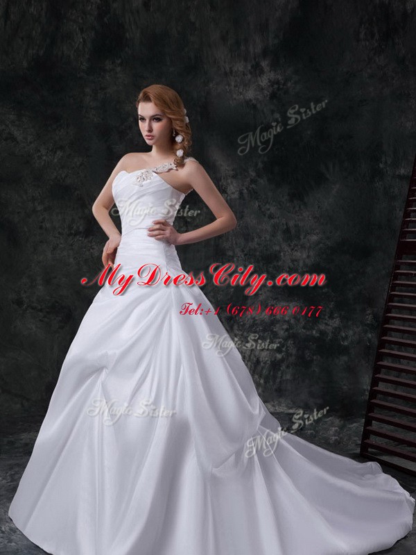 Sweet White Lace Up One Shoulder Beading and Pick Ups Wedding Dress Taffeta Sleeveless Brush Train