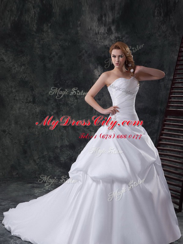 Sweet White Lace Up One Shoulder Beading and Pick Ups Wedding Dress Taffeta Sleeveless Brush Train