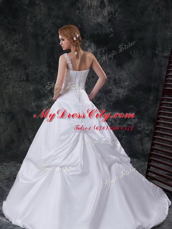 Sweet White Lace Up One Shoulder Beading and Pick Ups Wedding Dress Taffeta Sleeveless Brush Train