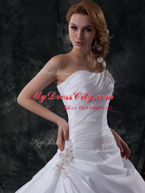 Sweet White Lace Up One Shoulder Beading and Pick Ups Wedding Dress Taffeta Sleeveless Brush Train