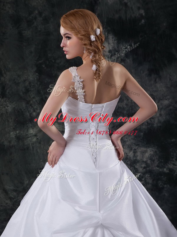 Sweet White Lace Up One Shoulder Beading and Pick Ups Wedding Dress Taffeta Sleeveless Brush Train