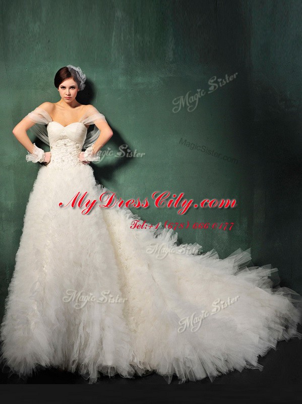 Amazing Beading and Ruffles Bridal Gown White Backless Cap Sleeves With Train Chapel Train