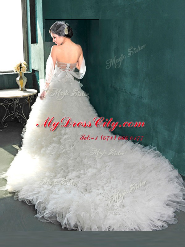 Amazing Beading and Ruffles Bridal Gown White Backless Cap Sleeves With Train Chapel Train