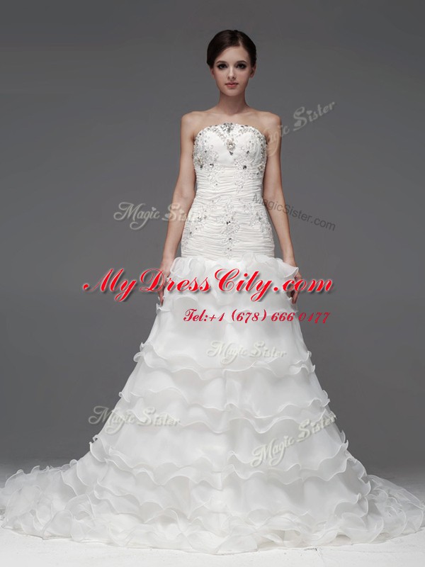 White Lace Up Strapless Beading and Ruffles and Ruffled Layers Wedding Dresses Organza Sleeveless