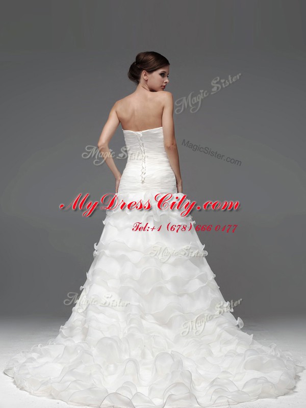 White Lace Up Strapless Beading and Ruffles and Ruffled Layers Wedding Dresses Organza Sleeveless