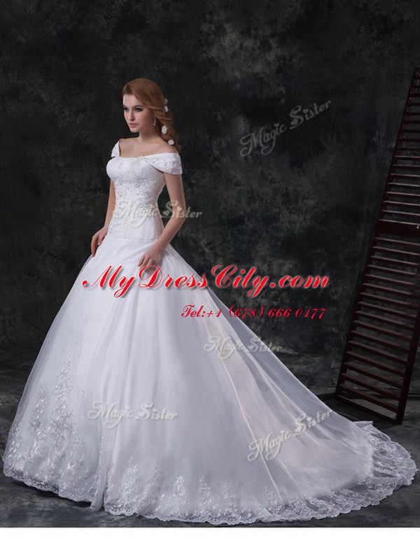 Ideal Off the Shoulder White Ball Gowns Beading and Lace and Embroidery Wedding Dresses Lace Up Organza Cap Sleeves With Train