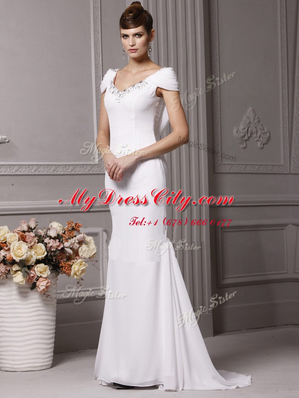 Mermaid With Train Side Zipper Bridal Gown White for Wedding Party with Beading and Hand Made Flower Brush Train