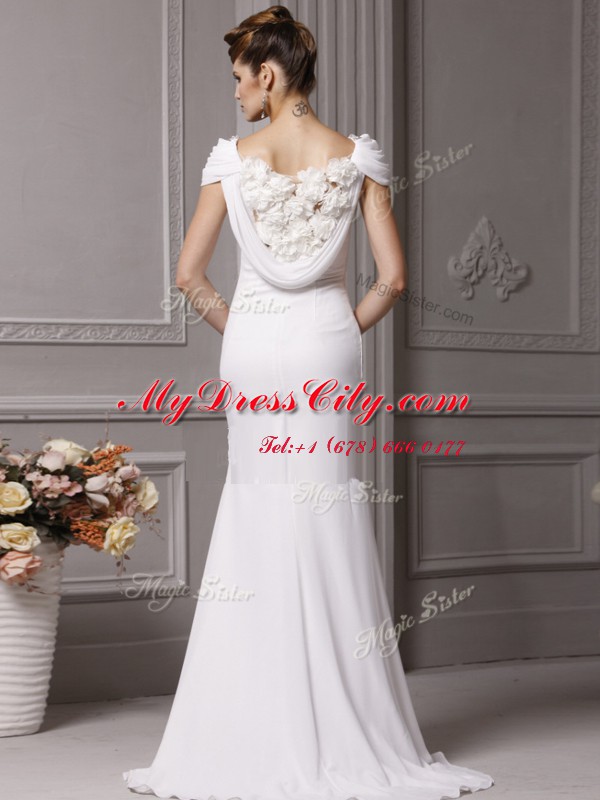 Mermaid With Train Side Zipper Bridal Gown White for Wedding Party with Beading and Hand Made Flower Brush Train