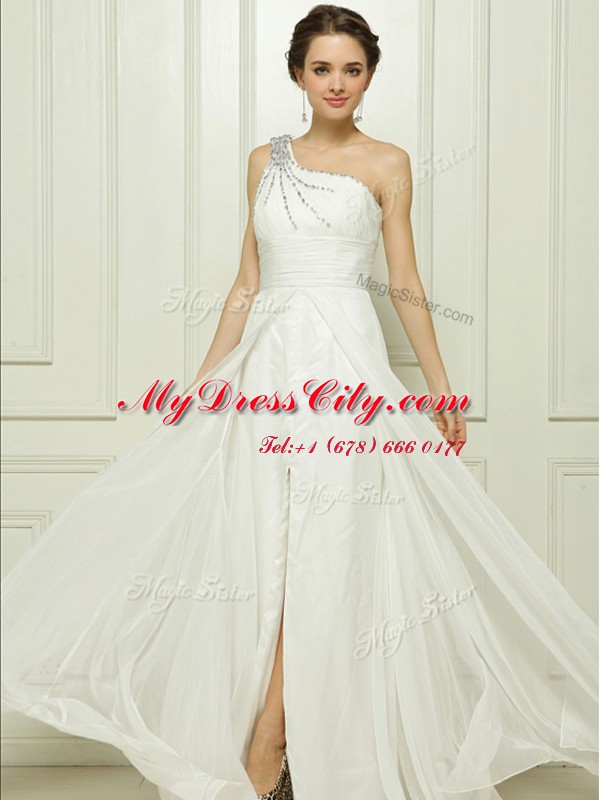 Delicate White Wedding Dress One Shoulder Sleeveless Brush Train Zipper