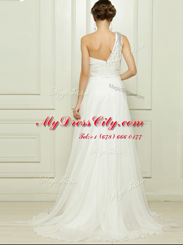 Delicate White Wedding Dress One Shoulder Sleeveless Brush Train Zipper