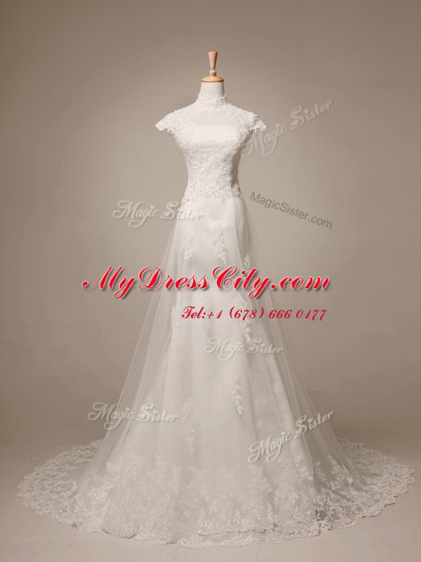 Pretty With Train Clasp Handle Wedding Gown White for Wedding Party with Beading and Lace and Appliques Brush Train