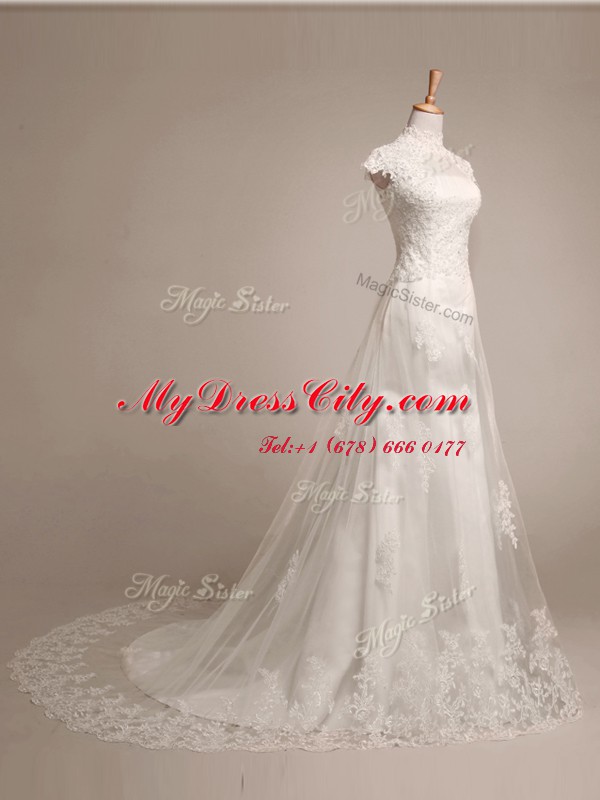 Pretty With Train Clasp Handle Wedding Gown White for Wedding Party with Beading and Lace and Appliques Brush Train