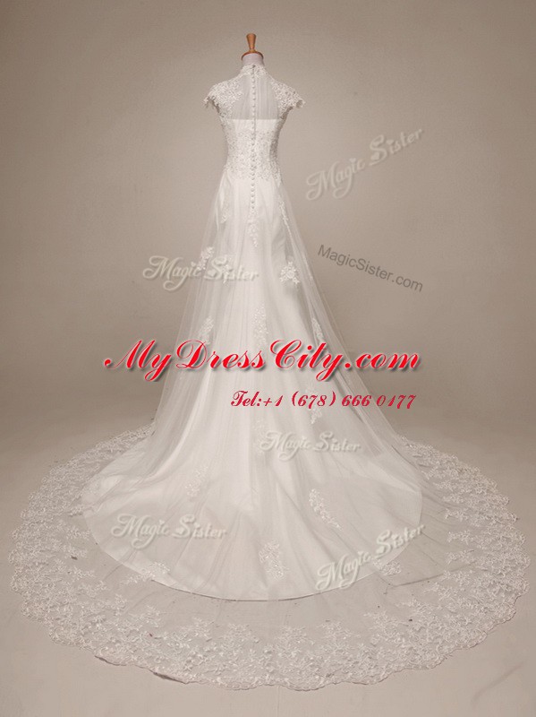 Pretty With Train Clasp Handle Wedding Gown White for Wedding Party with Beading and Lace and Appliques Brush Train