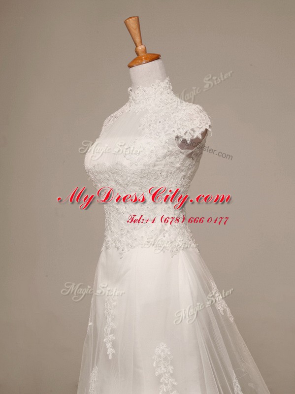 Pretty With Train Clasp Handle Wedding Gown White for Wedding Party with Beading and Lace and Appliques Brush Train