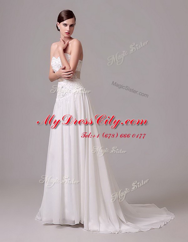 Custom Fit Sleeveless Brush Train Lace Up With Train Beading and Belt Wedding Dresses