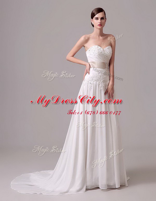 Custom Fit Sleeveless Brush Train Lace Up With Train Beading and Belt Wedding Dresses