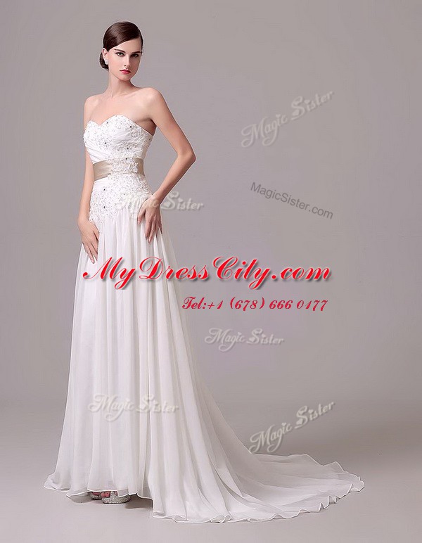 Custom Fit Sleeveless Brush Train Lace Up With Train Beading and Belt Wedding Dresses