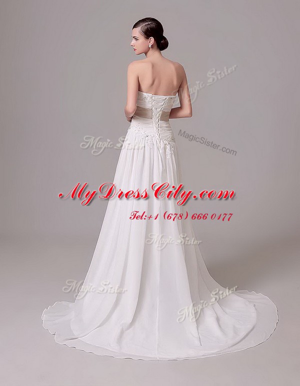 Custom Fit Sleeveless Brush Train Lace Up With Train Beading and Belt Wedding Dresses