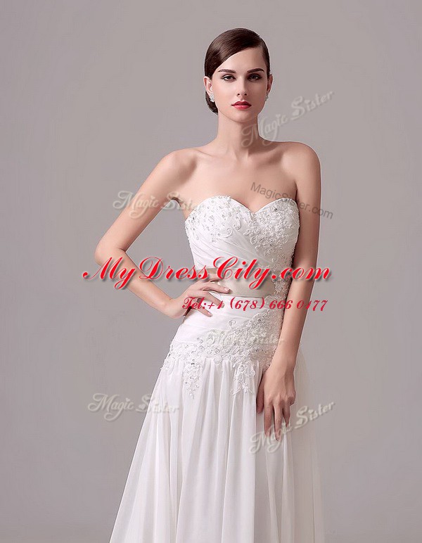 Custom Fit Sleeveless Brush Train Lace Up With Train Beading and Belt Wedding Dresses