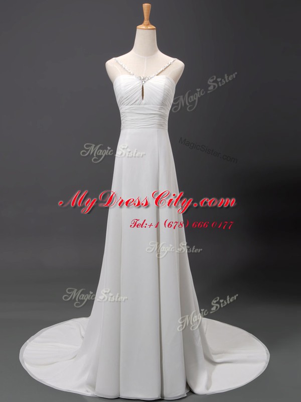 Flare White Wedding Dress Wedding Party and For with Beading V-neck Sleeveless Brush Train Lace Up