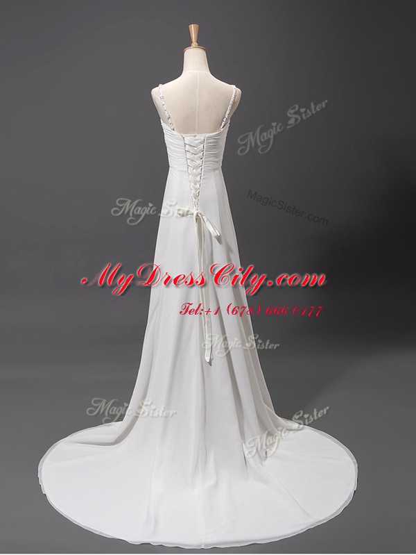 Flare White Wedding Dress Wedding Party and For with Beading V-neck Sleeveless Brush Train Lace Up