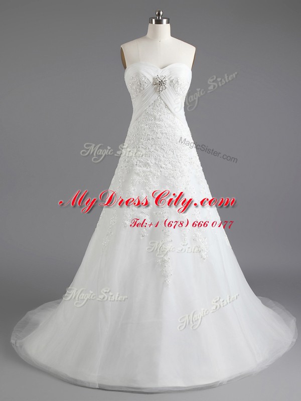 White Tulle Lace Up Sweetheart Sleeveless With Train Wedding Dress Brush Train Beading and Appliques