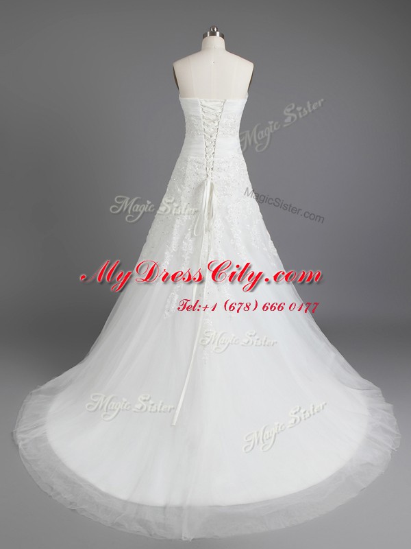 White Tulle Lace Up Sweetheart Sleeveless With Train Wedding Dress Brush Train Beading and Appliques