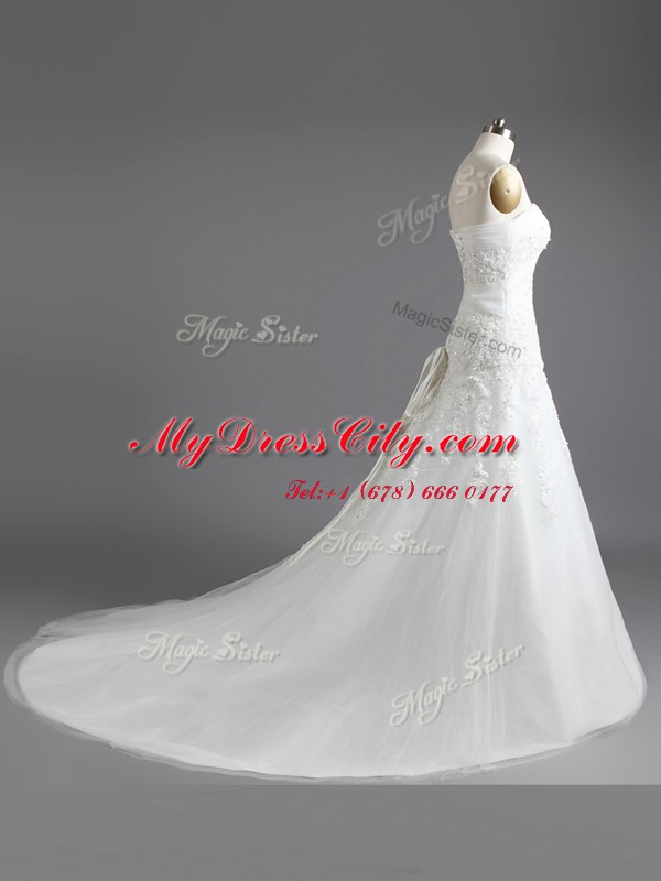 White Tulle Lace Up Sweetheart Sleeveless With Train Wedding Dress Brush Train Beading and Appliques