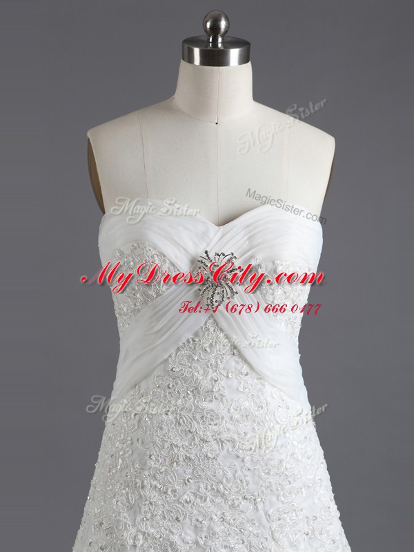 White Tulle Lace Up Sweetheart Sleeveless With Train Wedding Dress Brush Train Beading and Appliques