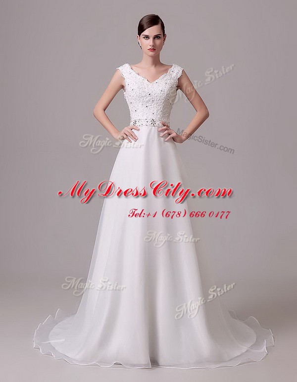 Best Selling With Train White Wedding Dress V-neck Sleeveless Brush Train Clasp Handle