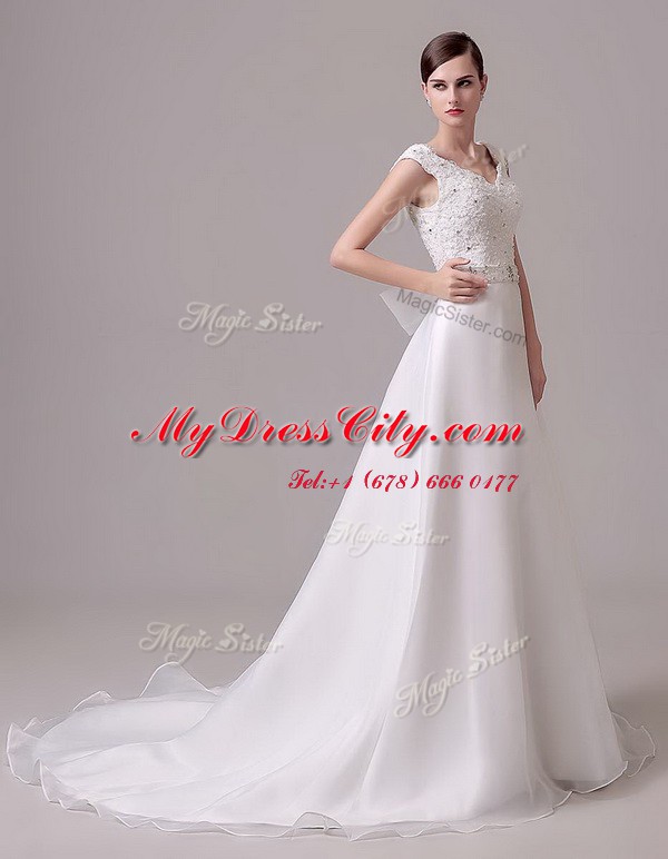 Best Selling With Train White Wedding Dress V-neck Sleeveless Brush Train Clasp Handle