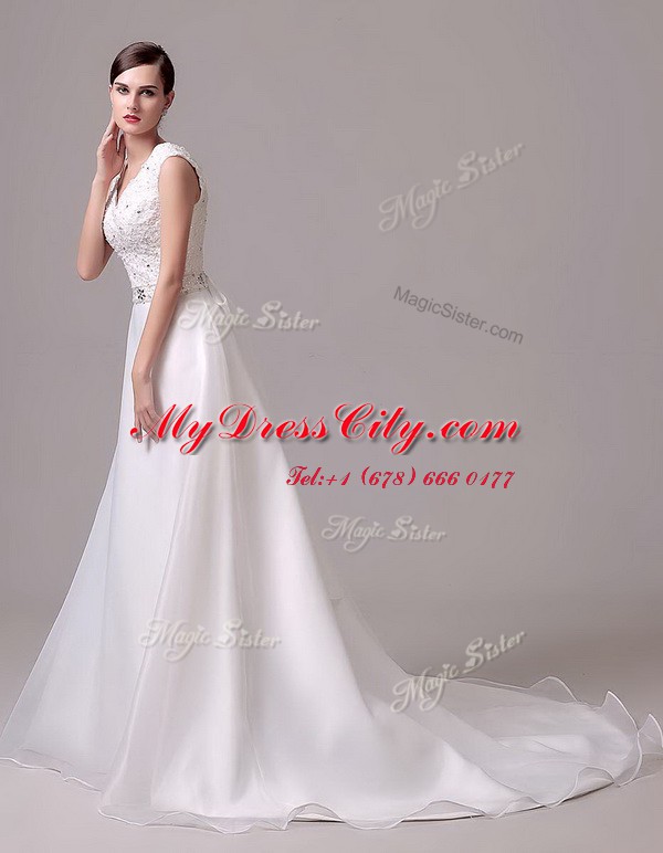 Best Selling With Train White Wedding Dress V-neck Sleeveless Brush Train Clasp Handle