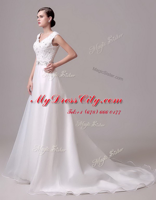 Best Selling With Train White Wedding Dress V-neck Sleeveless Brush Train Clasp Handle