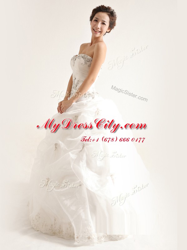 White Zipper Strapless Beading and Ruffles Bridal Gown Organza Sleeveless