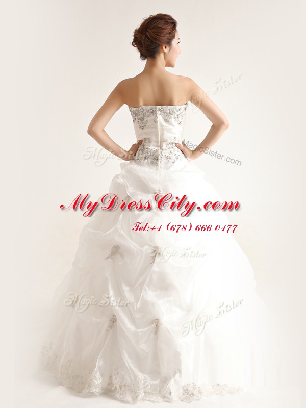 White Zipper Strapless Beading and Ruffles Bridal Gown Organza Sleeveless