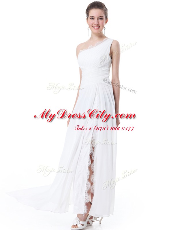 One Shoulder White Sleeveless Lace Floor Length Wedding Gown