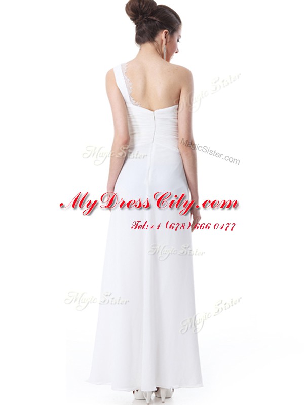 One Shoulder White Sleeveless Lace Floor Length Wedding Gown