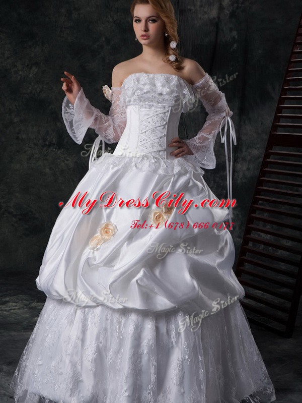 Cheap White Bridal Gown Wedding Party and For with Lace and Appliques and Pick Ups Strapless Sleeveless Lace Up